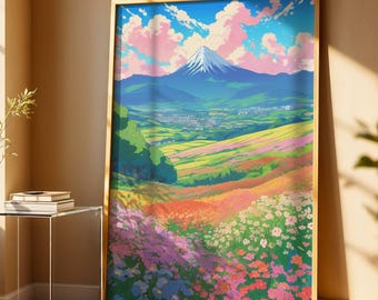 Kwiatowe pola i góry, wydruk w stylu anime, estetyczna dekoracja ścienna, druk inspirowany Ghibli, kolorowa japońska dekoracja ścienna do pobrania w wersji cyfrowej