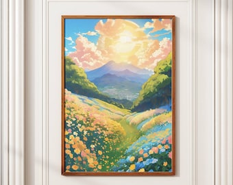 Lámina artística "Campo de flores al amanecer al estilo Ghibli", paisaje de anime (descarga digital)