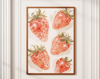 Strawberry Watercolor Printable Wall Art Kitchen Decor Strawberry Print Farmhouse Kitchen Poster Botanical Fruit Illustration Aesthetic Art
