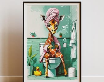 Funny Giraffe Bathroom Wall Art Print Whimsical Animal Poster Quirky Toilet Humor Decor Bathroom Artwork Playful Giraffe Illustration