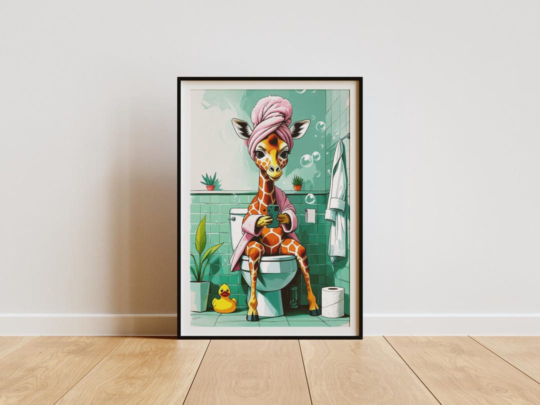 Funny Giraffe Bathroom Wall Art Print Whimsical Animal Poster Quirky ...