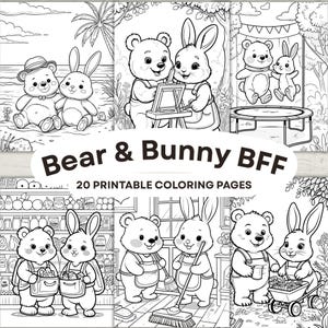 Cute Bear & Bunny BFF Coloring Pages- Coloring Book for Kids and Adults-Relaxing Activity-Printable Digital Coloring Sheets-Instant Download