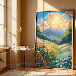 Ghibli Style Sunrise Flower Field Poster Anime Landscape Wall Art Cottagecore Art Nature Poster Mountain View Illustration Digital Download