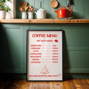 Pague com beijos • Arte de cozinha engraçada para impressão • Arte de parede com cardápio de café romântico • Pôster de café para impressão • Decoração de cafeteria • Download digital