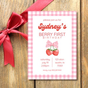 Berry First Birthday Invitation – Pink Gingham and Strawberry Party Invite – Editable Template – Girl First Birthday – Digital Download