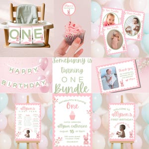 Somebunny Is Turning One Birthday Bundle – Bunny Girl First Birthday Party Set – Editable Templates - Digital Download