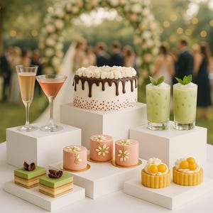 May include: A display of desserts and drinks, including a tiered cake with white frosting and chocolate drips, pink mini cakes with floral designs, and green layered pastries. Champagne flutes and cocktails are also present.