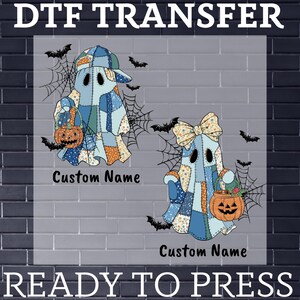 Custom Name Patchwork Ghost DTF Transfer Personalized Matching Halloween Heat Press Design