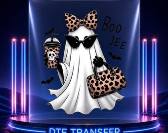 May include: A white ghost graphic featuring a leopard print bow, black cat-eye sunglasses, and a leopard print handbag. The ghost holds a leopard print cup with a skull icon. The text Boo Jee is printed in black, accompanied by three small black bats.