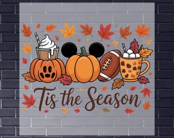 Fall Football Pumpkin Hot Cocoa Tis The Season DTF Transfer, Autumn Mouse Ears Heat Press Print Direct To Film
