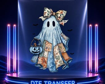 May include: A DTF transfer featuring a ghost illustration with a large floral bow on its head. The ghost has a blue patchwork pattern and carries a blue pumpkin bucket. Small black bats are scattered around the ghost on a dark background.