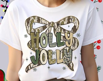 Camo Bow Holly Jolly DTF Transfer, Country Christmas Heat Press Graphic, Southern Holiday Season Shirt Transfer