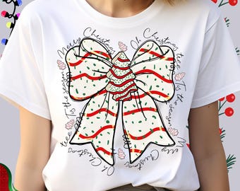 Christmas Tree Cake Ribbon Bow DTF Transfer, Tis The Season Holiday Shirt Graphic Heat Transfer Design