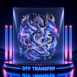 May include: A DTF transfer featuring a detailed illustration of a dragon with scales in shades of blue, purple, and gold. The dragon is surrounded by celestial elements including stars, planets, and moons, set against a dark, cosmic background.