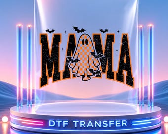 May include: A DTF transfer sheet featuring the word MAMA in a distressed black font with an orange outline. The letter A is replaced by a ghost with an orange and white checkered pattern. Black bats and small stars surround the text design.