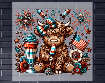 4th of July Highland Cow DTF Transfer: USA Patriotic Iron-On