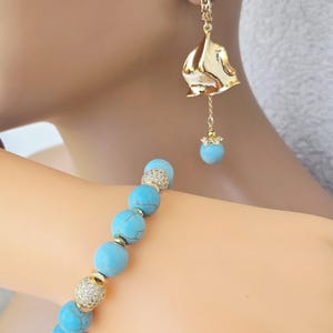 Turquoise bracelet 18k gold plated brass settings, zircon beads, gift for her