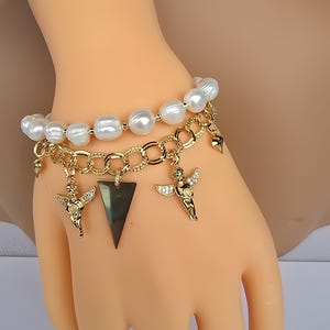 Charm bracelet, pearl bracelet, 18k gold plated brass settings, zircon beads, gift for her