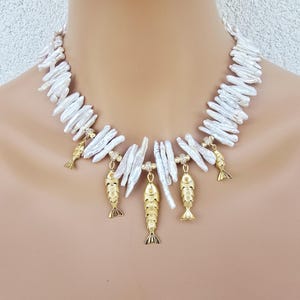Natural baroque pearl necklace, with 18k gold plated brass gold fish pendants, 18k gold plated brass clasp with zircon, beat gift for her