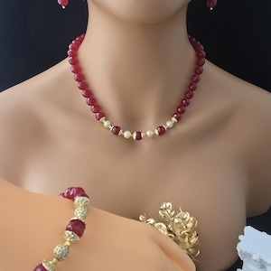 Agate jewelry set, with bracelet, necklace and hoop earrings, pave zircon beads, 18k gold plated brass settings, gift for her