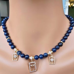 Lapis Lazuli charm necklace, pave zircon charms, choker necklace, angel charm,18k gold plated brass settings, gift for her