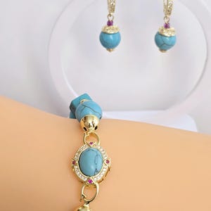 Turquoise jewelry set, bracelet, hoop earrings, 18k gold plated brass, turquoise bracelet, turquoise earrings, pearl earrings, gift for her