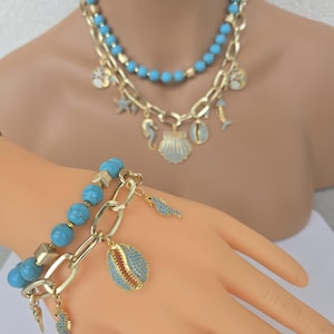 Turquoise necklace and bracelet, with 18k gold plated brass settings: clasp, zircon charms, chain, best gift for her