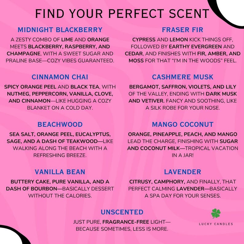 以下が含まれることがあります： 「FIND YOUR PERFECT SCENT」のテキストと、Midnight Blackberry、Fraser Fir、Cinnamon Chai、Cashmere Musk、Beachwood、Mango Coconut、Vanilla Bean、Lavender、Unscentedなど、さまざまな香りのキャンドルの説明が記載されたピンク色のグラフィック。Lucky Candlesのロゴが右下にあります。