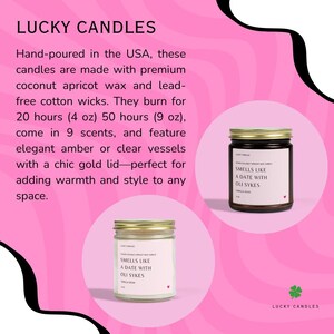 以下が含まれることがあります： 金色の蓋が付いた2つのガラス瓶キャンドル。ラベルには「Smells Like A Date With Oli Sykes」と「Vanilla Bean」と書かれています。「Lucky Candles」の文字が上にあります。背景はピンク色です。