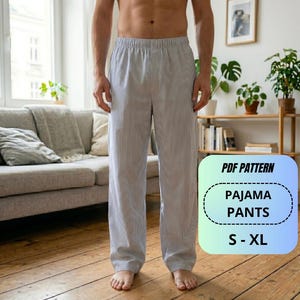 Puede incluir: Pantalón de pijama con un patrón de rayas verticales en gris claro y blanco con cintura elástica. La imagen incluye el texto PDF PATTERN PAJAMA PANTS S - XL, que indica un patrón de costura para estos pantalones de estar por casa.