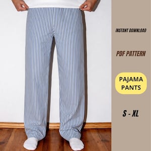 May include: Pajama pants featuring a vertical blue and white striped pattern. The image includes text that reads: INSTANT DOWNLOAD, PDF PATTERN, PAJAMA PANTS, and S - XL. These pants are shown worn with a plain white shirt and white socks.