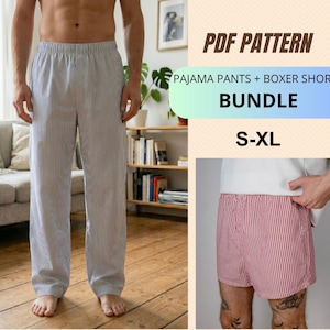 May include: A PDF pattern bundle for pyjama trousers and boxer shorts in sizes S-XL. The image displays grey and white striped pyjama trousers and red and white striped boxer shorts, each featuring an elastic waistband and a classic loose fit design.