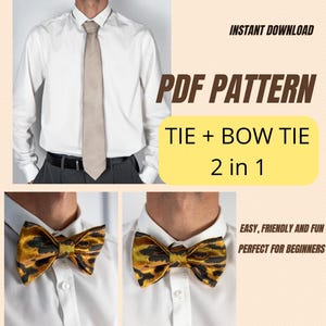 Puede incluir: Imagen de un patrón PDF para una corbata y una pajarita. La imagen muestra a un hombre con una corbata beige y una pajarita estampada. El texto en la imagen dice "INSTANT DOWNLOAD", "PDF PATTERN", "TIE + BOW TIE 2 in 1" y "EASY, FRIENDLY AND FUN PERFECT FOR BEGINNERS".
