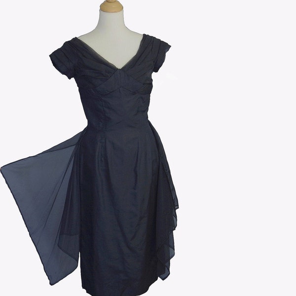 PRICE REDUCED! Vintage 50s Nathan Strong Black Cocktail Party Dress, Shelf Bust, Flyaway Panels, 8 Med 6 Small