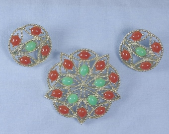 vintage Sarah Coventry Ensemble de broches et boucles d'oreilles couleur jade et corail Acapulco, menthe