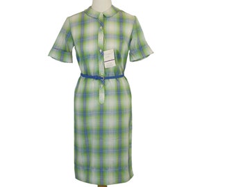 Vintage 60s Plaid Shift Dress House Dress, Forget-Me-Not, Deadstock, NWT, Sz Small Medium 6 8