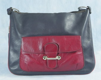 Bolsa de ombro de couro genuíno vintage dos anos 60/1960 feita à mão, azul-marinho e vermelho