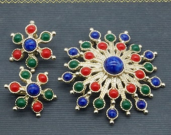 Vintage Sarah Coventry 1970 Starburst Carnival Brooch & Earrings Set, Unworn, Mint