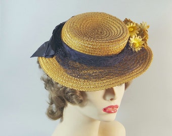 Vintage 30s 40s Straw Tilt Hat with Bow and Flowers