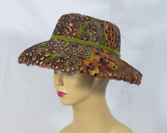Vintage 60s 70s Designer Mr. M. Wide Brim Feather Covered Hat