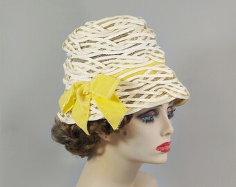 Vintage 1970er Jahre Gwenn Pennington Geflochtenes Stroh Ribbon Bucket Hat Lampenschirm Hut