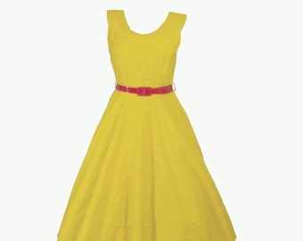 50s Full Skirt Yellow Cotton Dress Rockabilly Sz Sm 4 XS 2