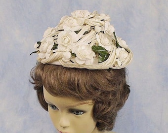 Vintage 60s Amy Ribbons and Flowers Toque or Pixie Pillbox Hat with Hat Box