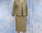 Vintage 50s 1950s Designer Houndstooth Wool Cardigan Jacket Pencil Skirt Suit, XS, Small