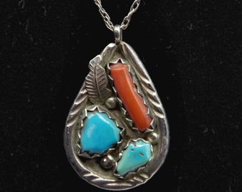 Vintage F Cheama Fabian Cheama Zuni Sterling Silver Turquoise and Coral Pendant Necklace