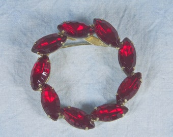 Vintage 50s Red Rhinestone Navettes Circle Wreath Brooch Pin Near Mint