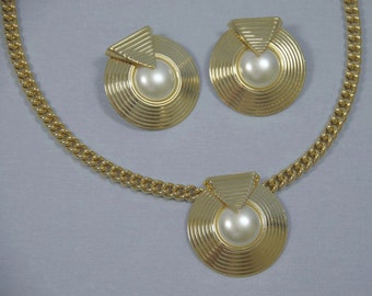 PRICE REDUCED! Vintage 80s Park Lane Art Deco Style Faux Pearl Necklace & Earring Demi Parure, Original Box, HTF