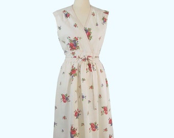 Vintage 1970s Linen Floral Rose Print Dress, Leslie Fay, Small Med 6 8