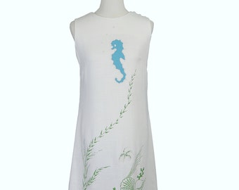 Vintage 1960s Linen Handpainted Seahorse Novelty Print Dress Sz Small Med 6 8