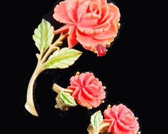 Vintage JJ Jonette Enamel Ladybug and Faux Coral  Carved Rose Brooch & Earring Set